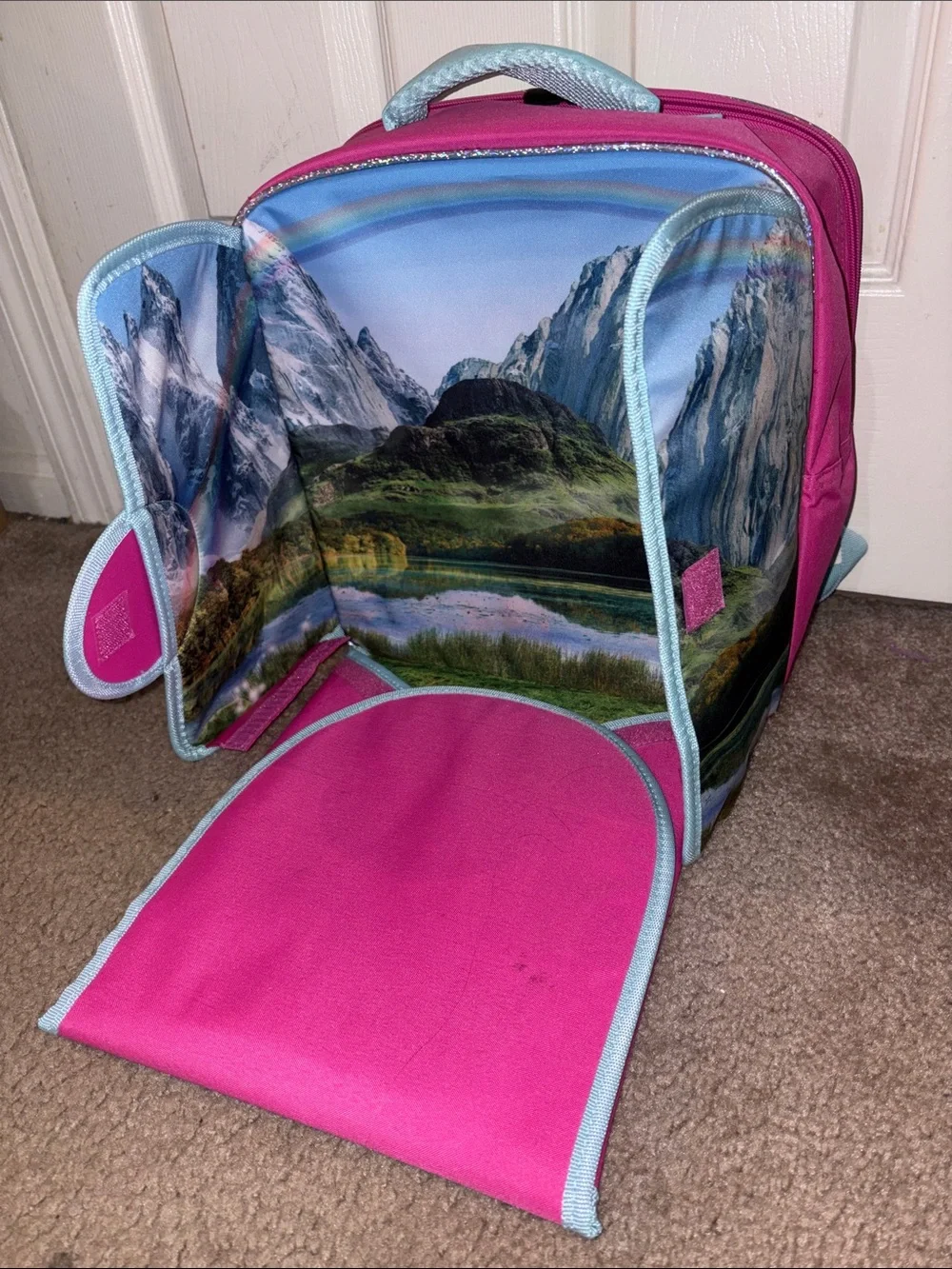 Girls' Pink & Light Blue Mountain Print play scene backpack
